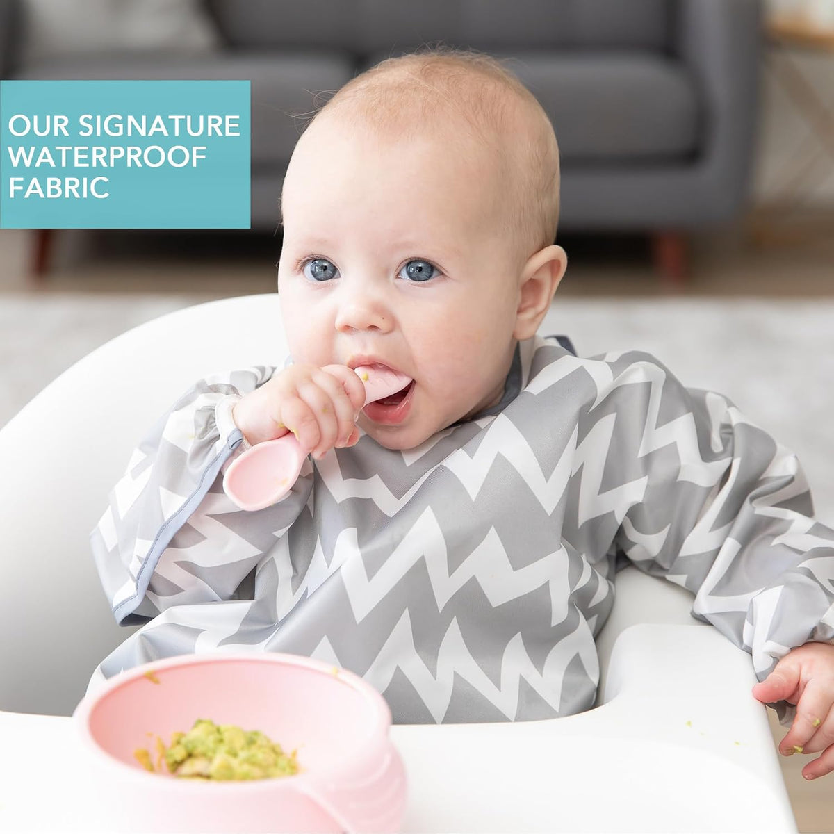 Bumkins Sleeved Bib for Girl or Boy, Baby and Toddler for 6-24 Mos, Essential Must Have for Eating, Feeding, Baby Led Weaning Supplies, Long Sleeve Mess Saving Food Catcher, Soft Fabric, Gray Chevron - Image 3