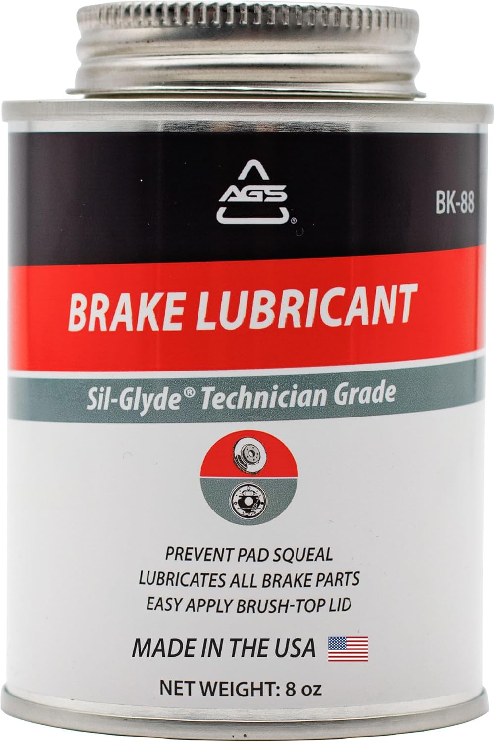 AGS Automotive Solutions silicone brake lubricant 8 ounce brush top can front view for noise elimination