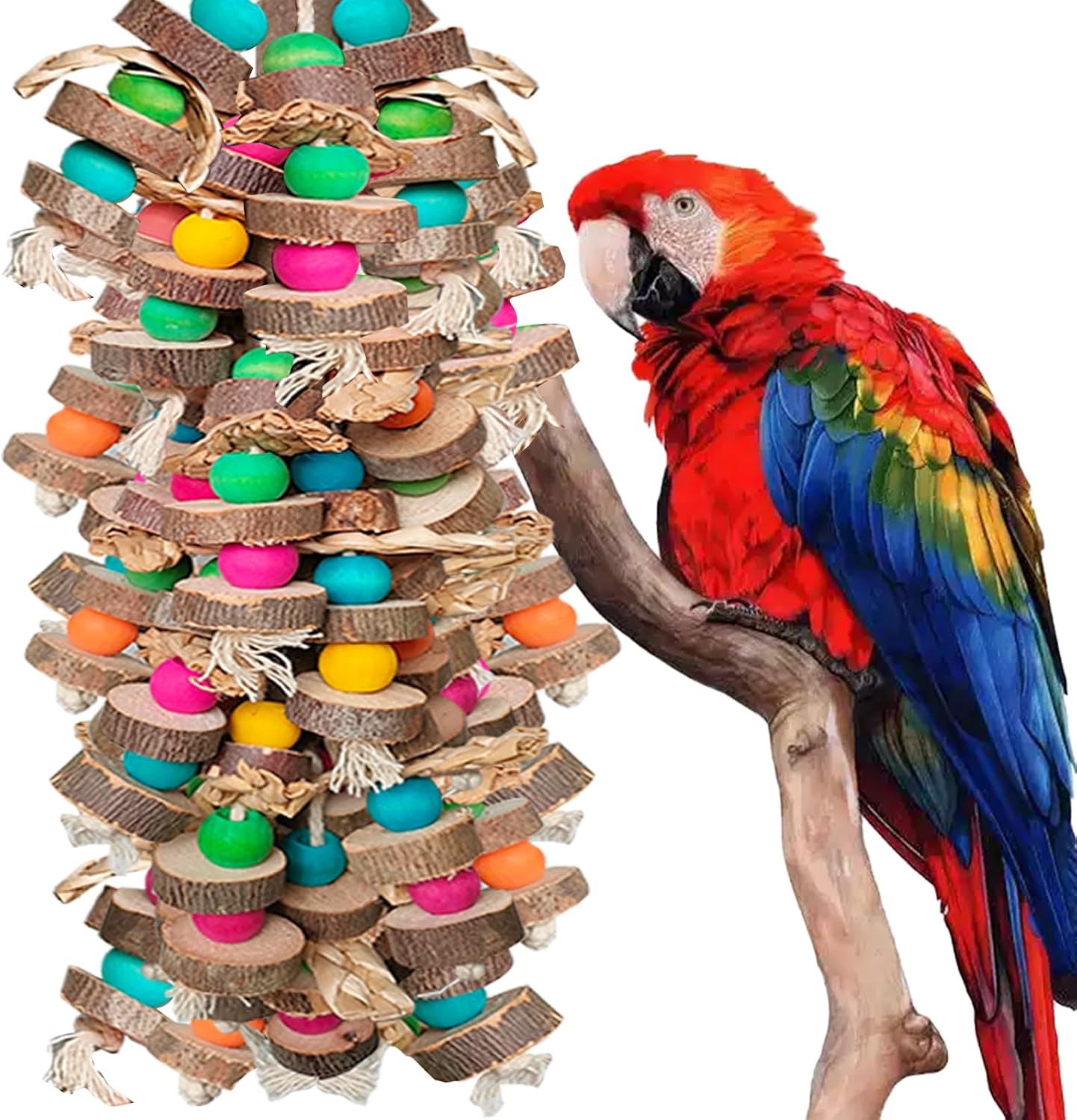 WQY GroceryShop parrot chewing toy front view hanging inside a large bird cage