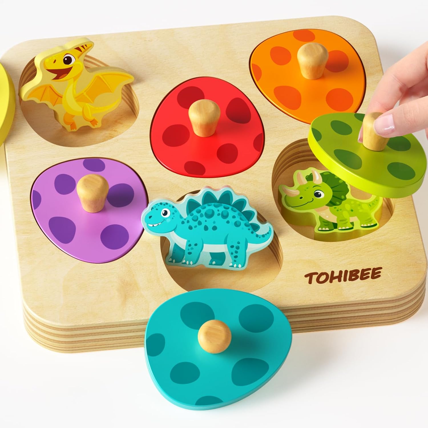 TOHIBEE wooden dinosaur matching egg puzzle front view with colorful pegs