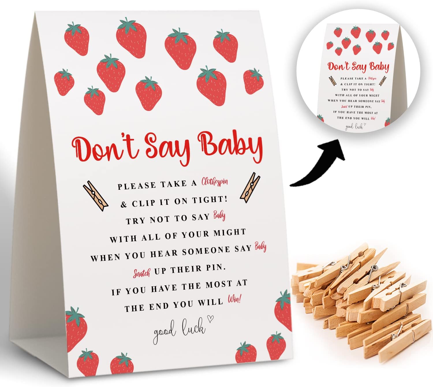 Qofo Don't Say Baby clothespin game set front view showing sign and wooden pegs