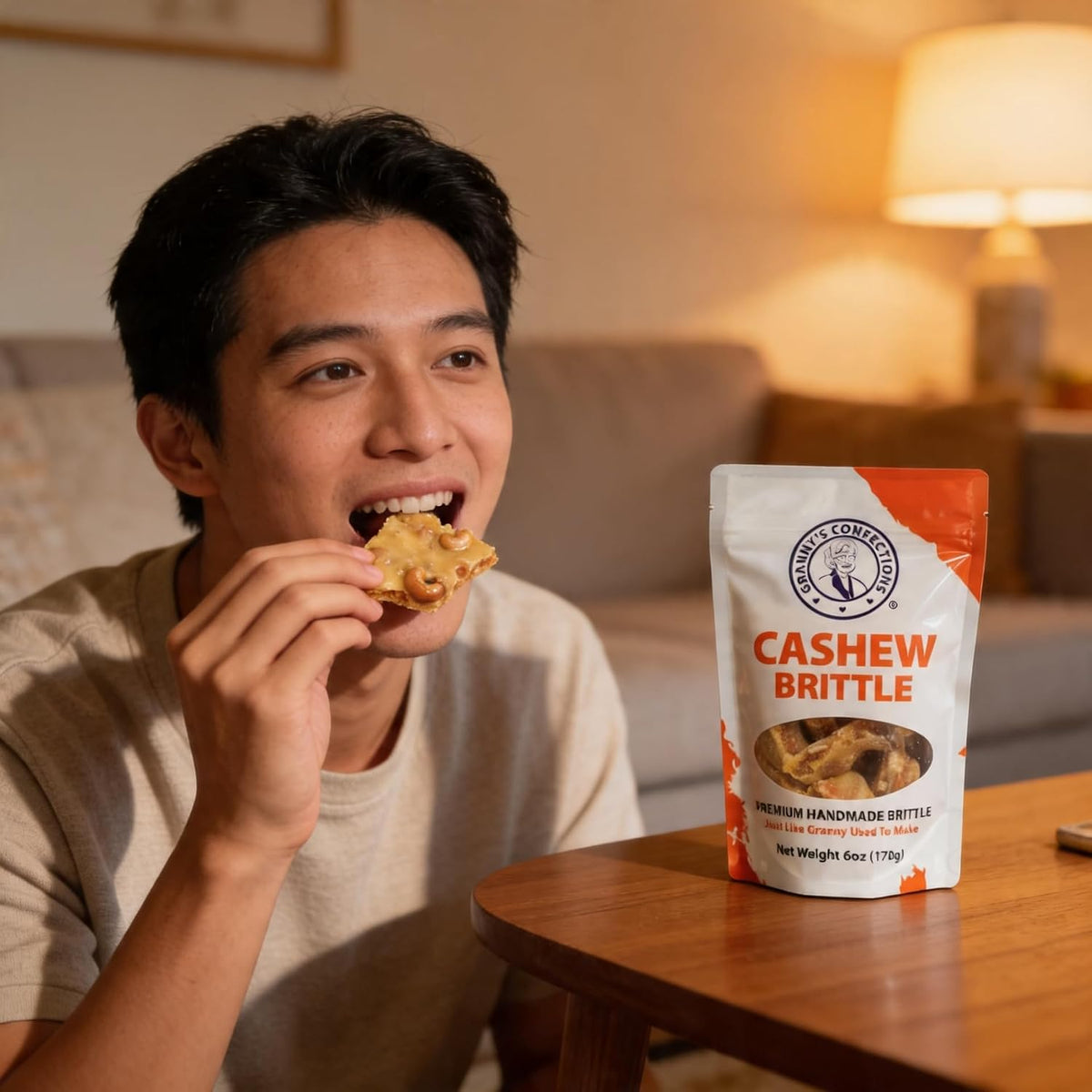 Handmade USA imported cashew brittle chunks arranged neatly next to its authentic six ounce bag packaging.