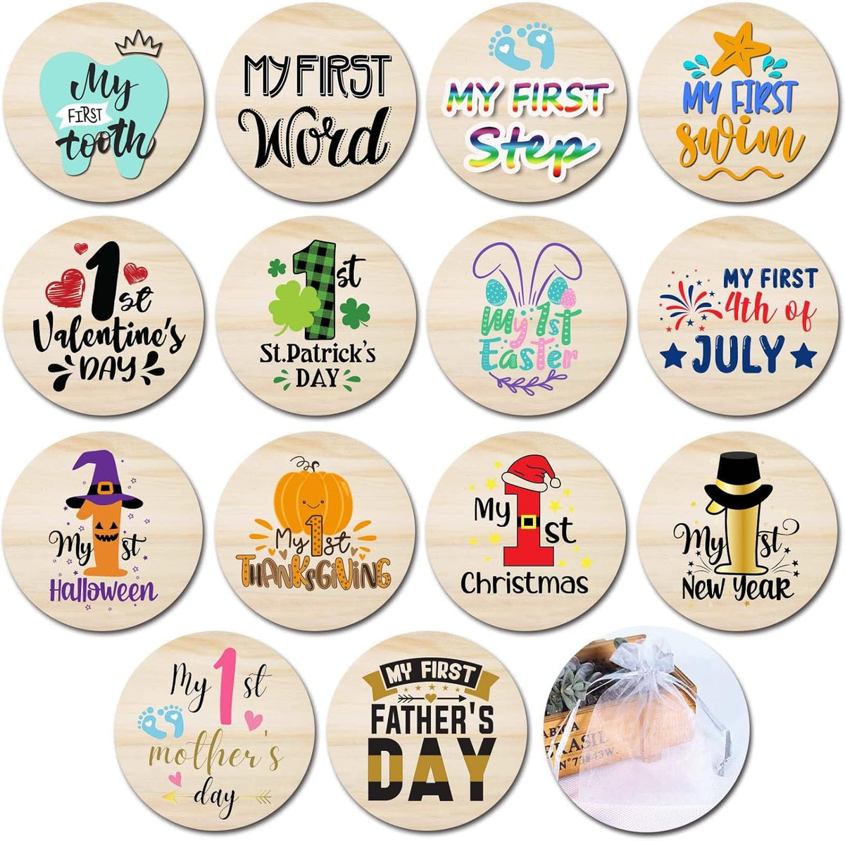 Roranic wooden baby first holiday milestone cards set front view