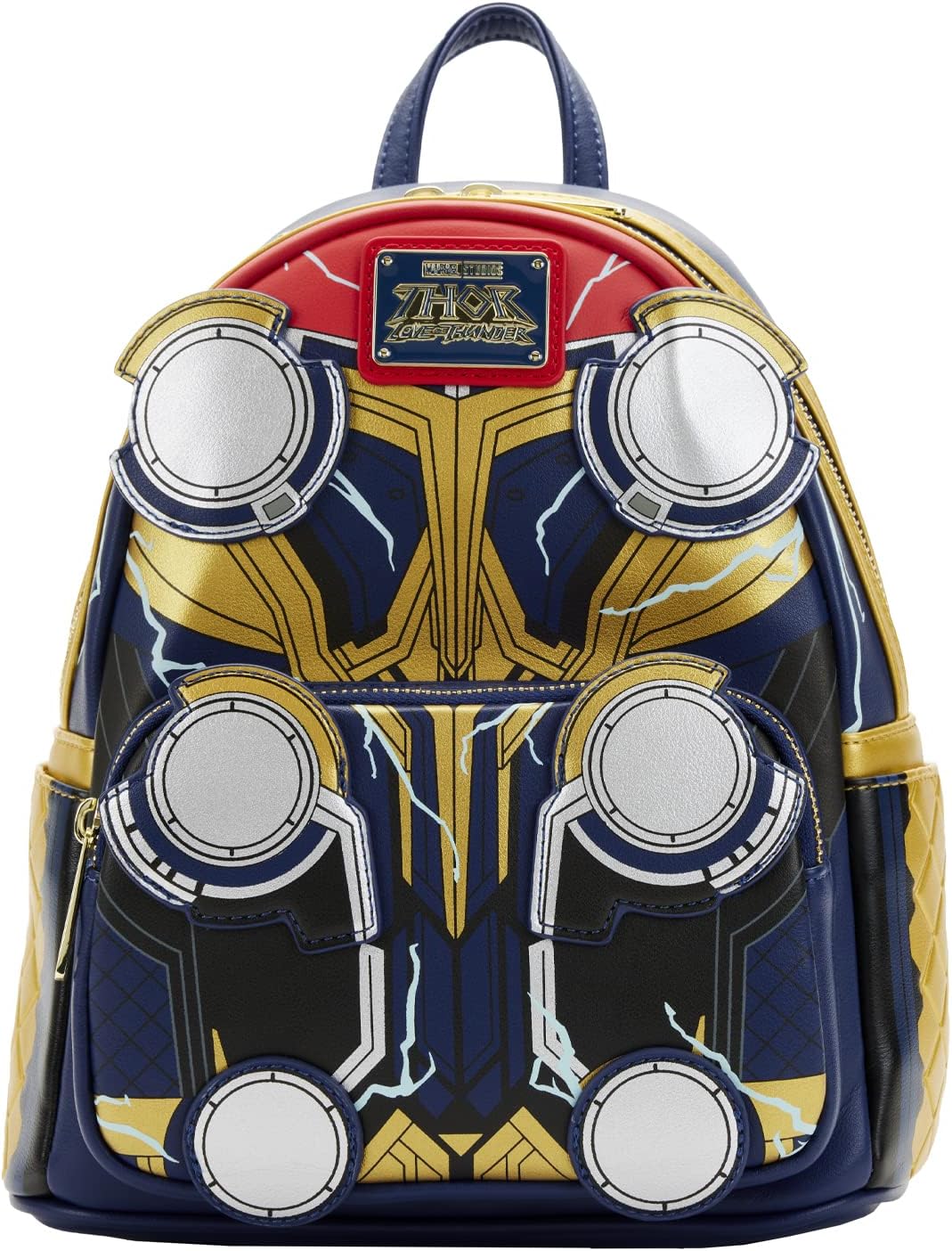 Loungefly Marvel Thor L&T Cosplay Mini Backpack front view showing armor applique