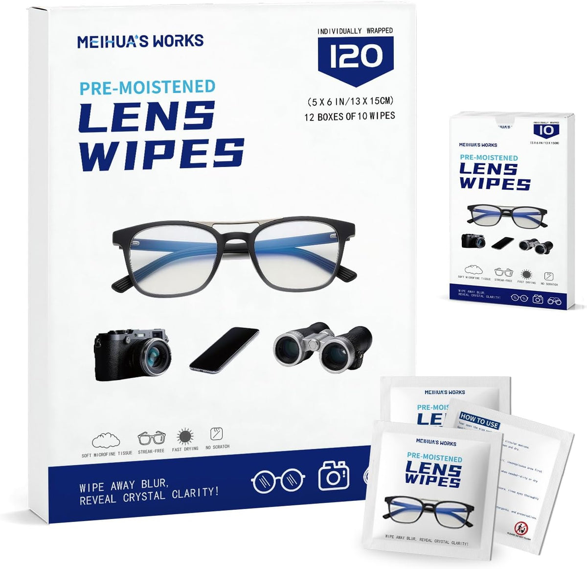 MEIHUA'S WORKS Third Generation Lens Wipes 120 count front view packaging for screen cleaning