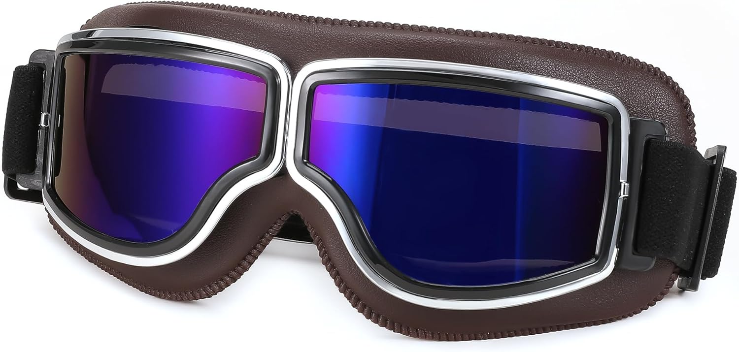 Ksvaye motorcycle goggles vintage pilot style front view showing brown leather frame and color lenses.