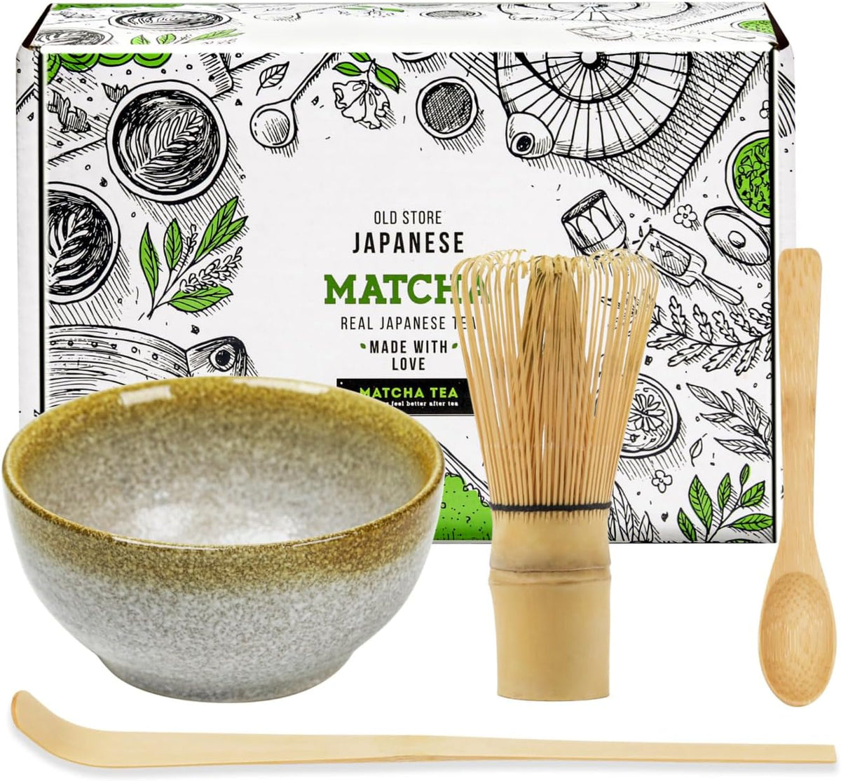 Japanese Matcha Whisk Set Matcha Tea Ceremony Set of 4 Including 100 Prong Matcha Whisk, Traditional Scoop, Tea Spoon and Ceramic Matcha Bowls - Image 1