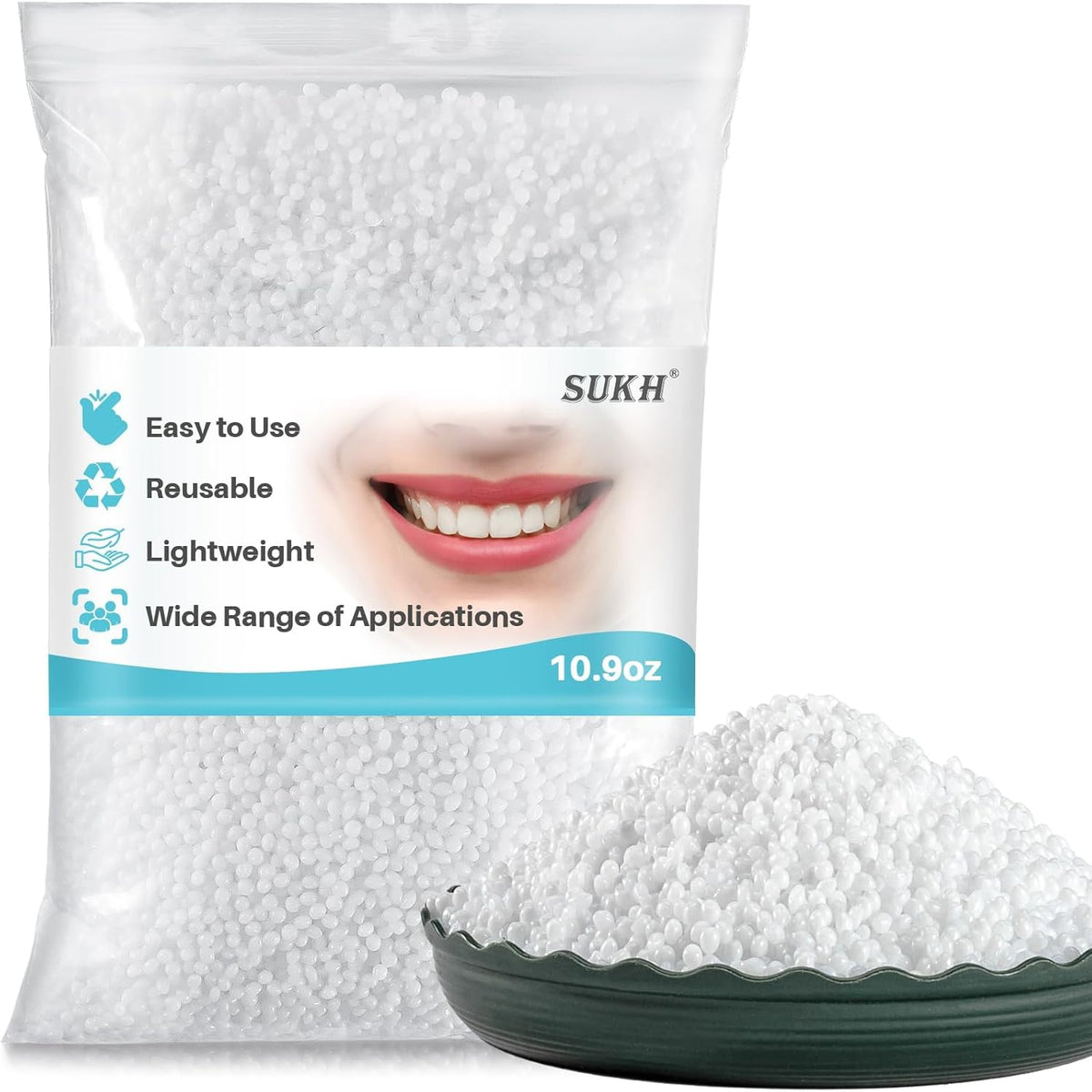 Sukh moldable false teeth beads packaging front view for temporary tooth repair