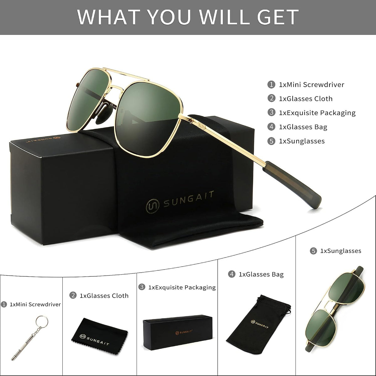 SUNGAIT men's military aviator sunglasses side profile view