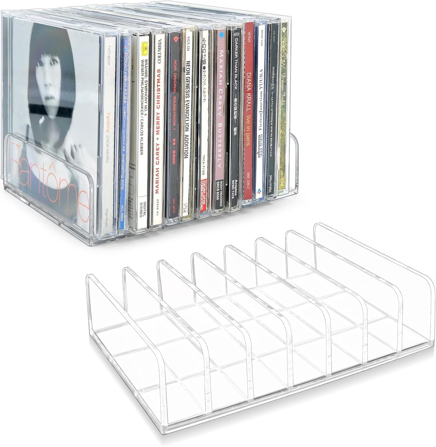 Philbinden clear acrylic compact disc holder set front view on media shelf