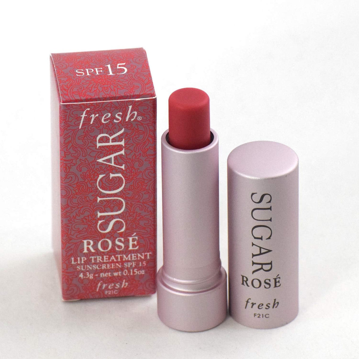 Fresh Sugar Lip Treatment Rose packaging and silver metal tube