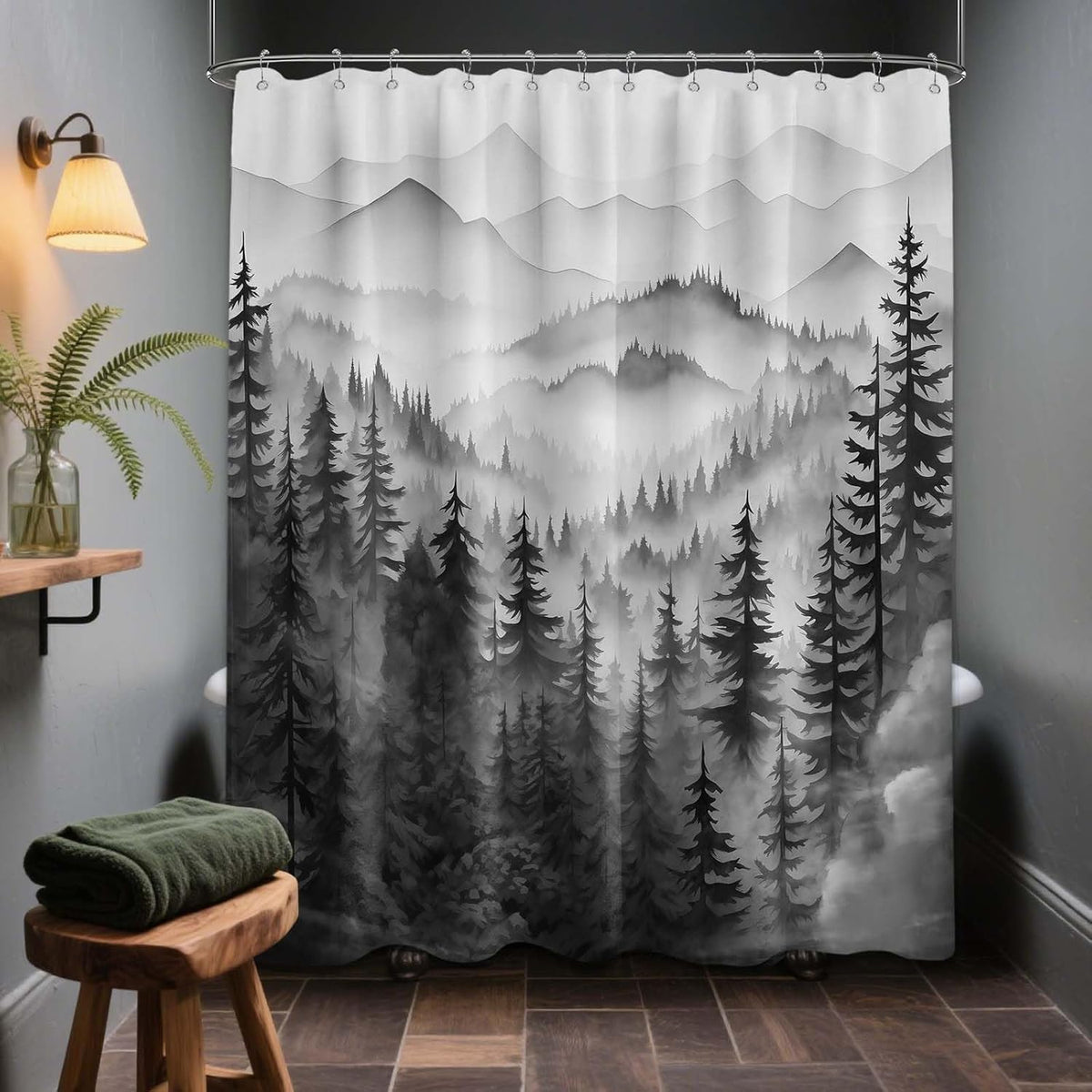 QGHOT mountain shower curtain front view showing the black and white misty forest design hung on a bathroom rod.