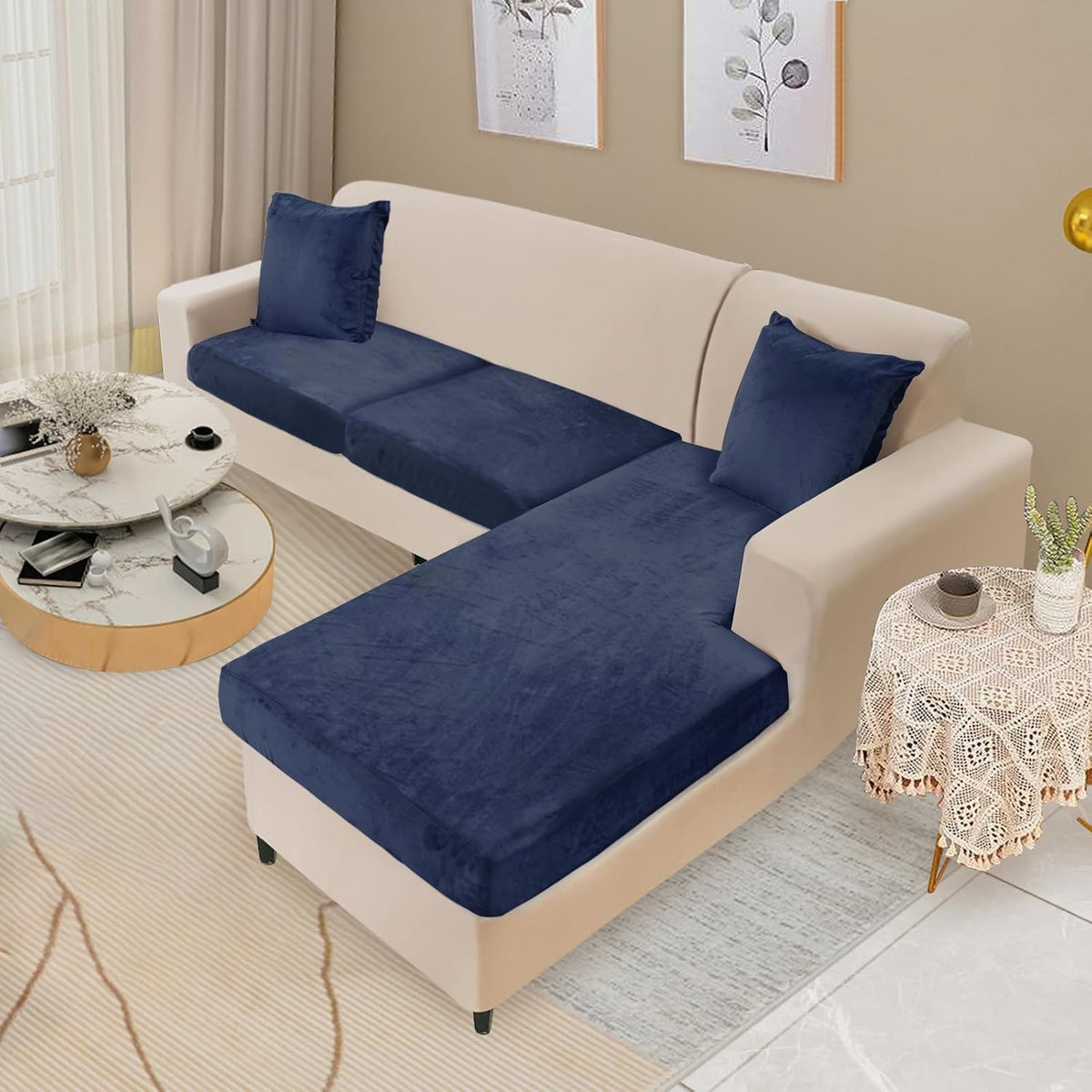 NAISI navy blue velvet sofa cover texture close up