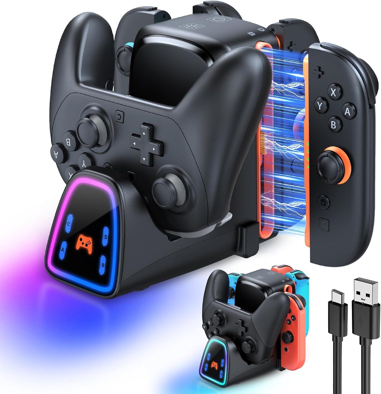 Waxity 9 in 1 controller charging dock front view showcasing multiple slots for joy cons and pro controllers with ambient light base