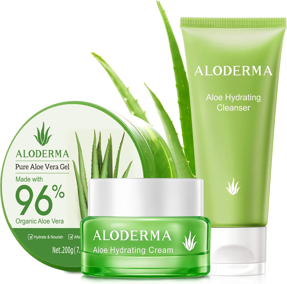 Aloderma brand 4 piece basic aloe hydrating skin care set with cleanser