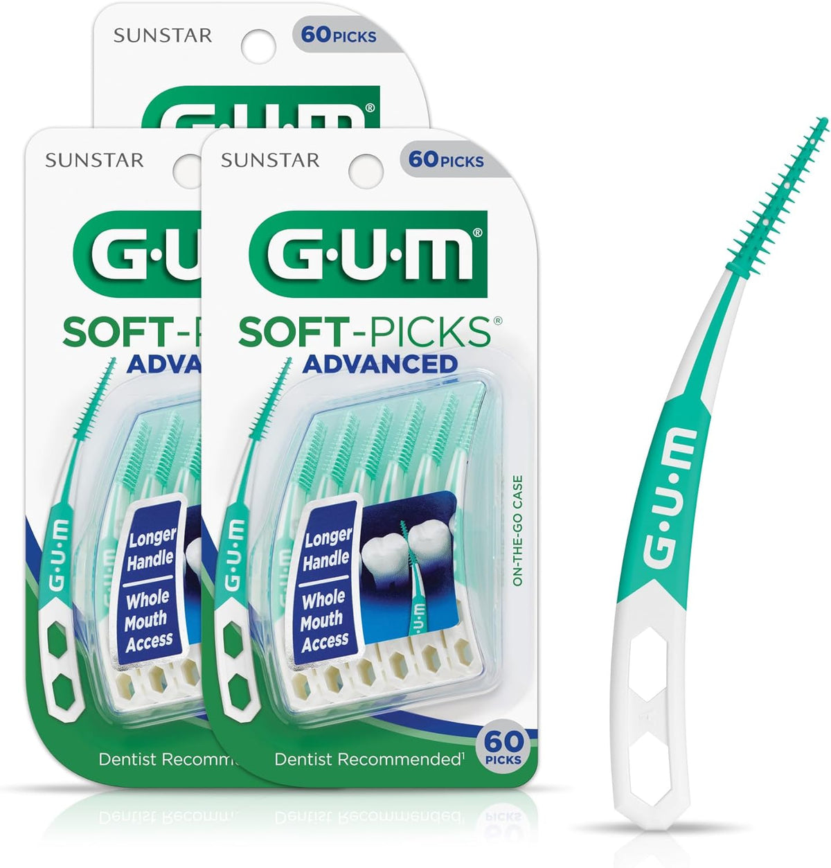 GUM Soft Picks Advanced front packaging view showing three pack layout