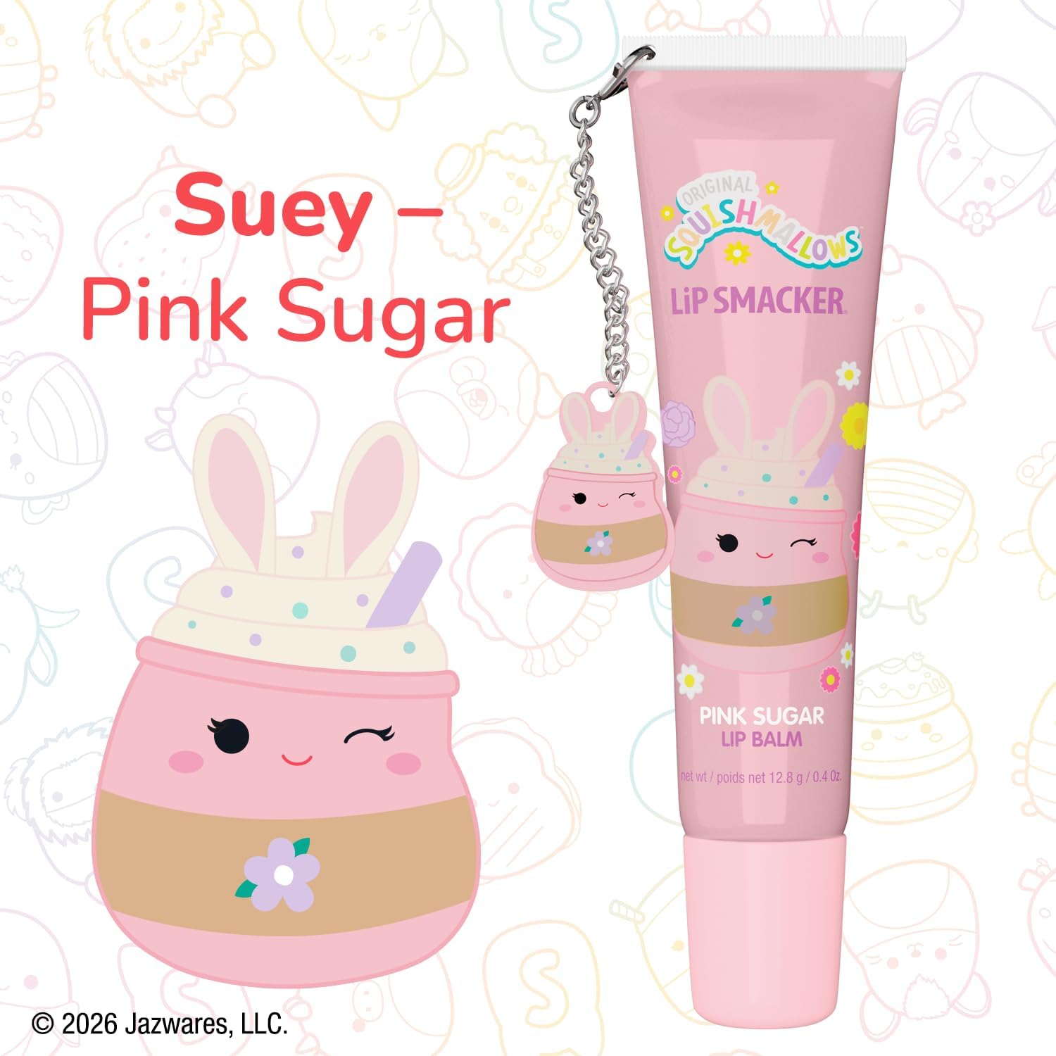 Lip Smacker Squishmallows Pink Sugar lip balm tube with attached charm