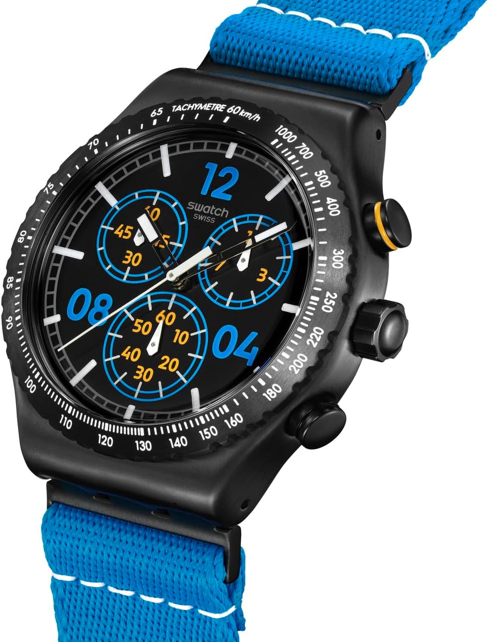 Swatch stainless steel quartz watch side profile view