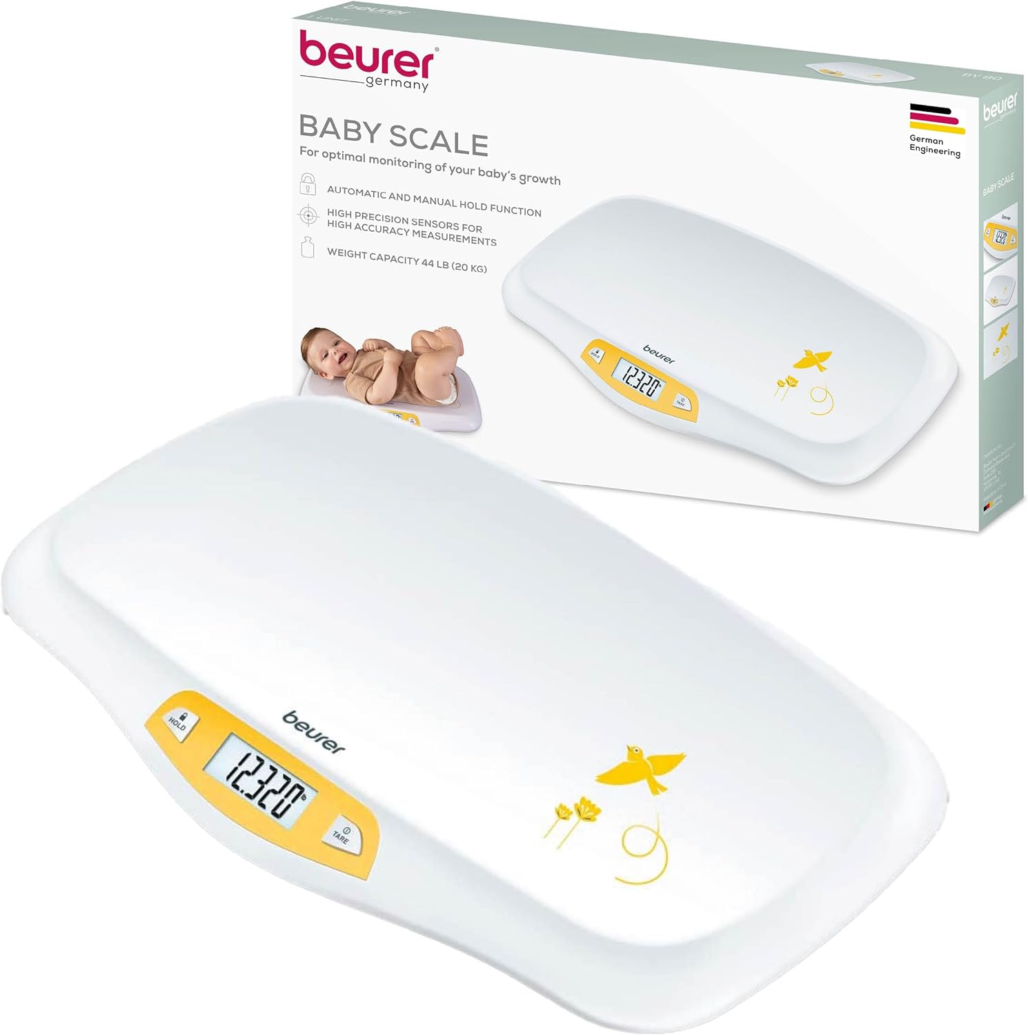 Beurer BY80 Digital Baby Scale, Infant Scale for Weighing in Pounds, Ounces, or Kilograms up to 44 lbs, Newborn Baby Scale with Hold Function, Pet Scale for Cats and Dogs - Image 1
