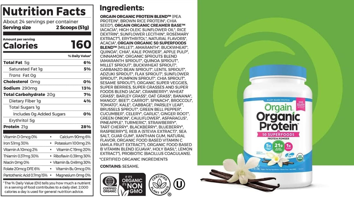 Organic plant-based clean ingredients list on the back of the Orgain vanilla container