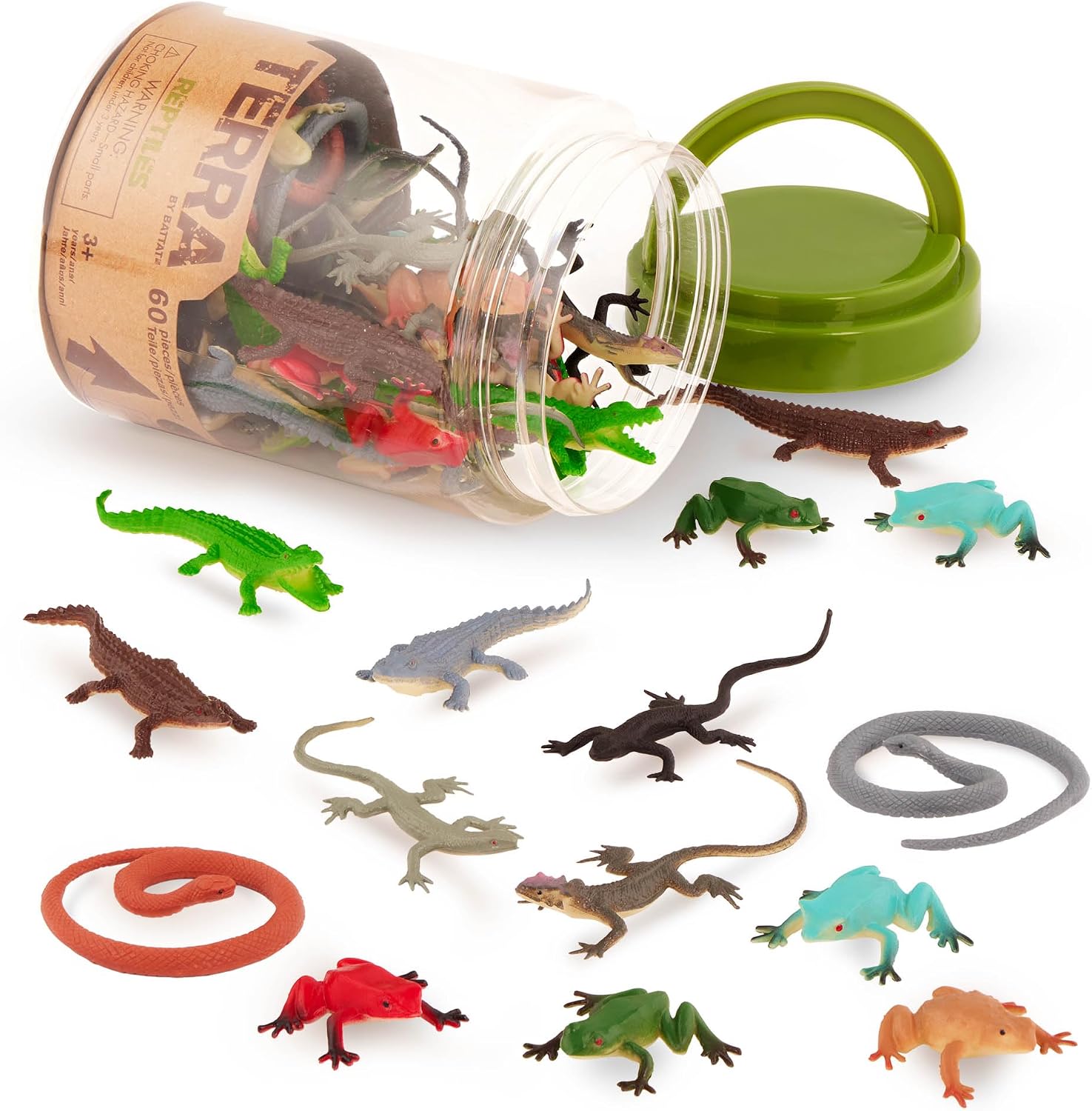 Terra by Battat reptile animal tube front view showing 60 plastic figurines