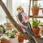 Small parakeet safely wearing a comfortable polyester flight suit indoor