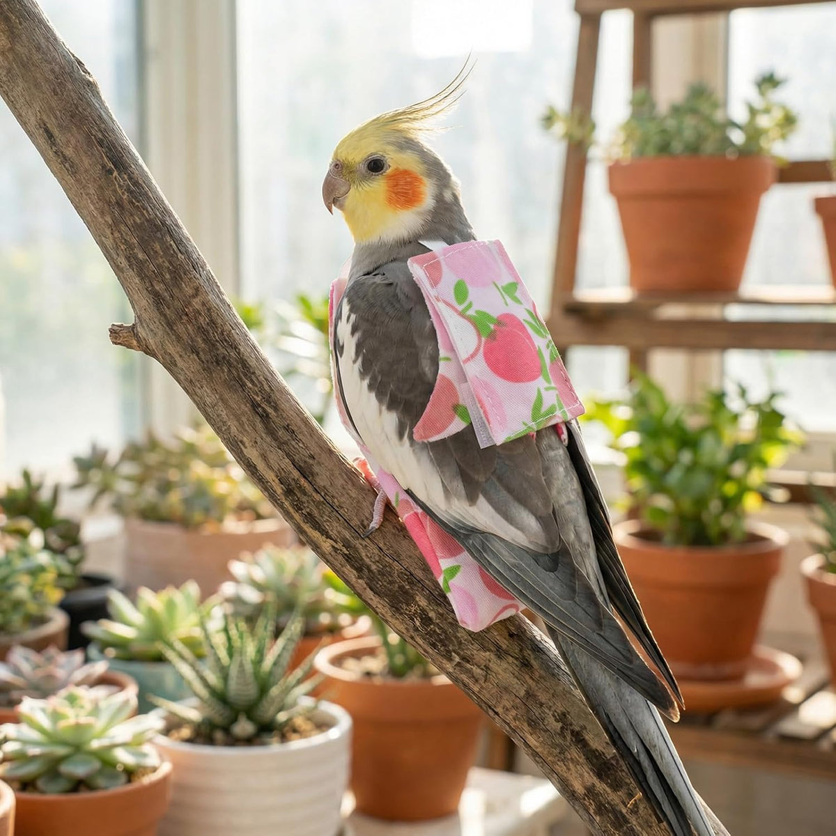 Small parakeet safely wearing a comfortable polyester flight suit indoor