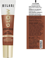 Milani Glow Hydrating Skin Tint foundation bottle angled layout displaying packaging details.