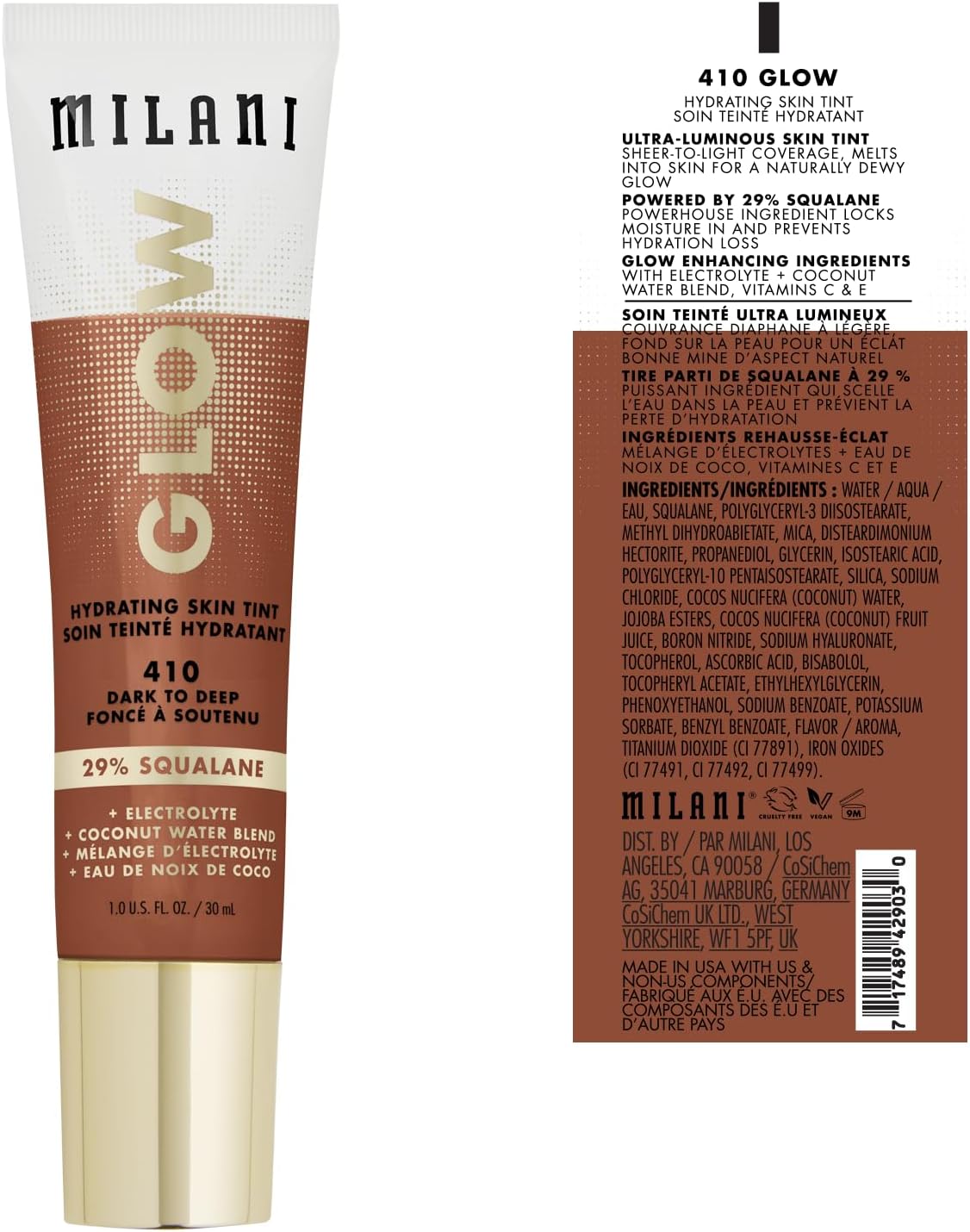 Milani Glow Hydrating Skin Tint foundation bottle angled layout displaying packaging details.