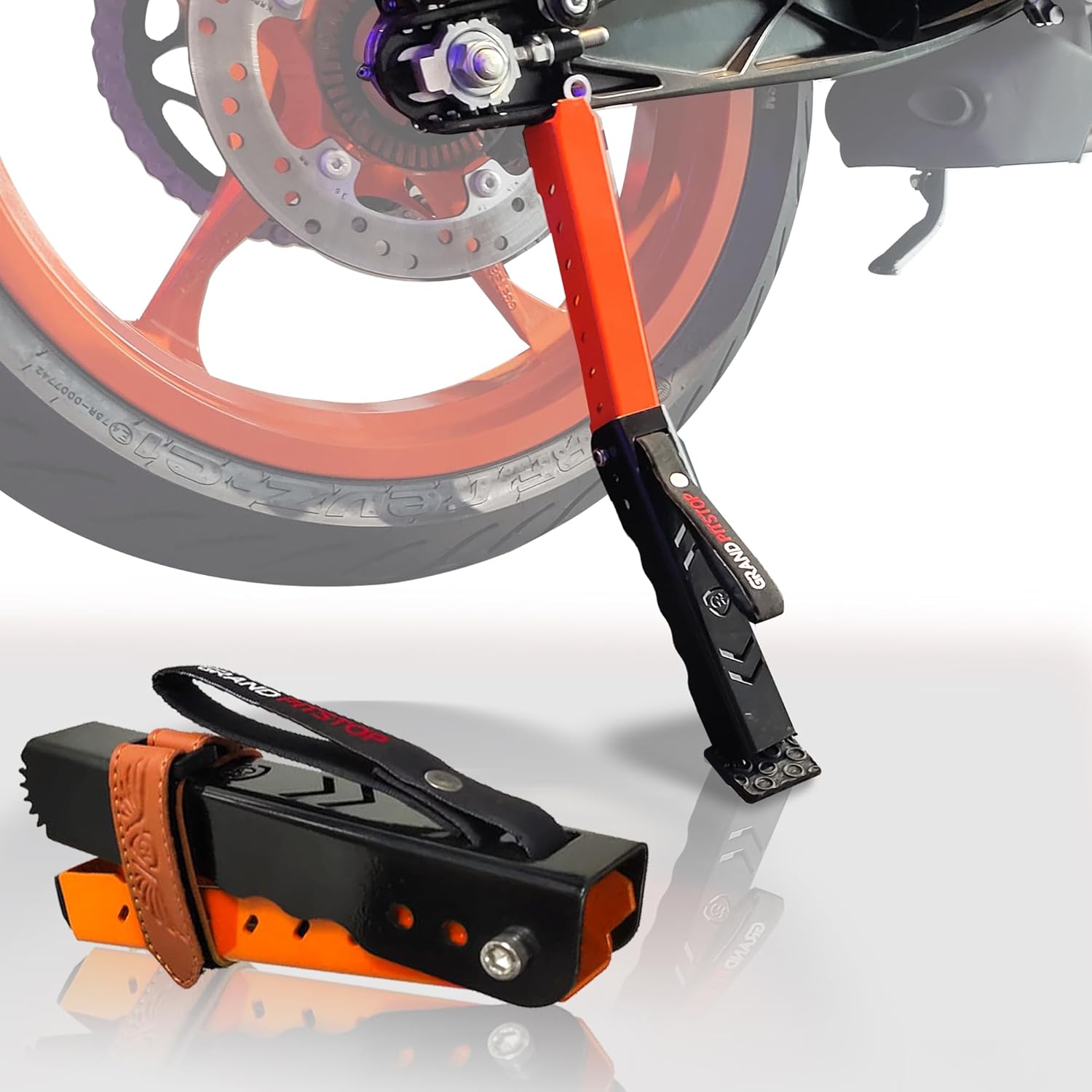 Grand Pitstop motorcycle maintenance stand front view for portable bike repair.