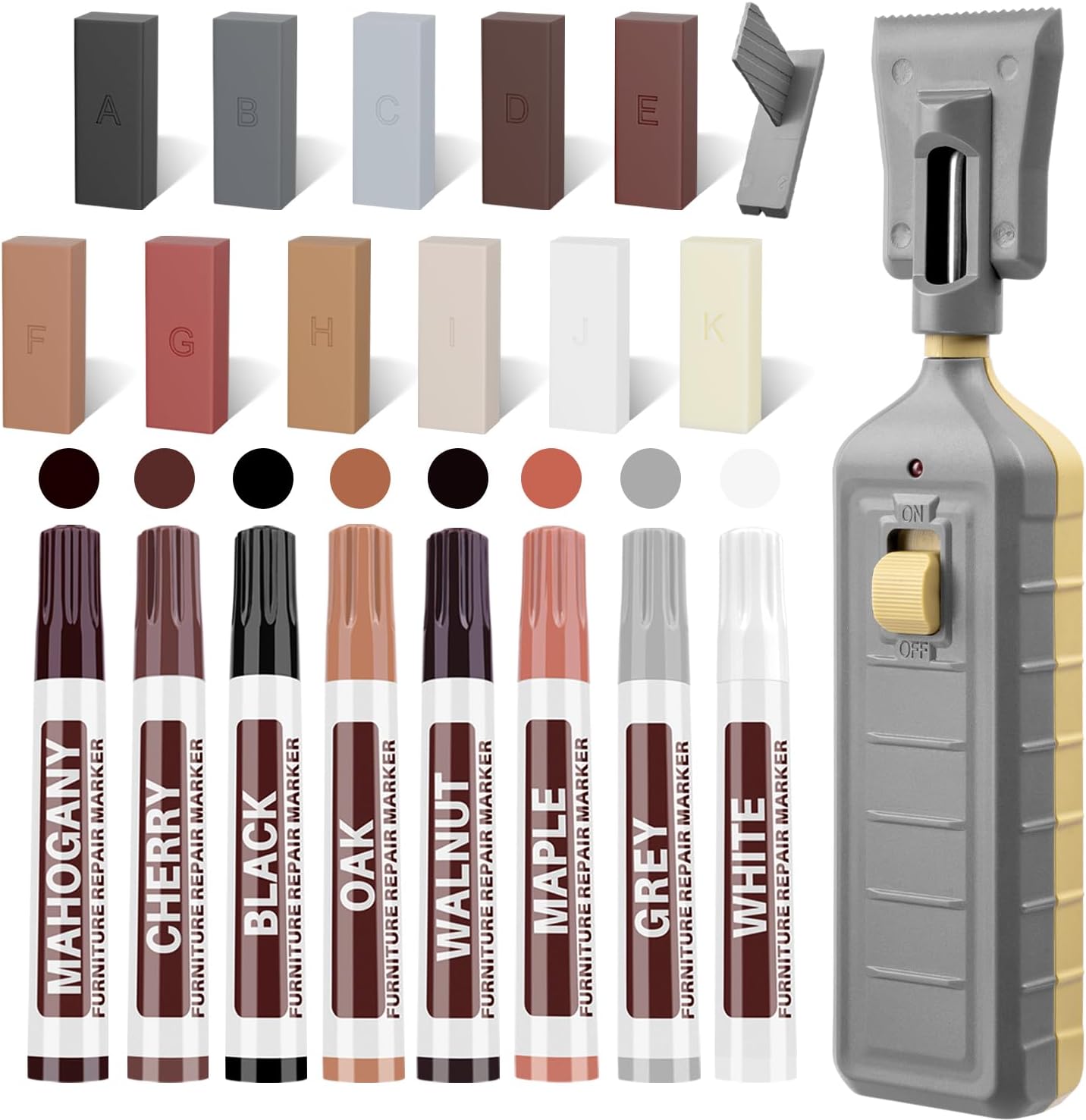 Falesoul hardwood floor repair kit front view showing the complete nineteen piece set including heat pen and wax blocks