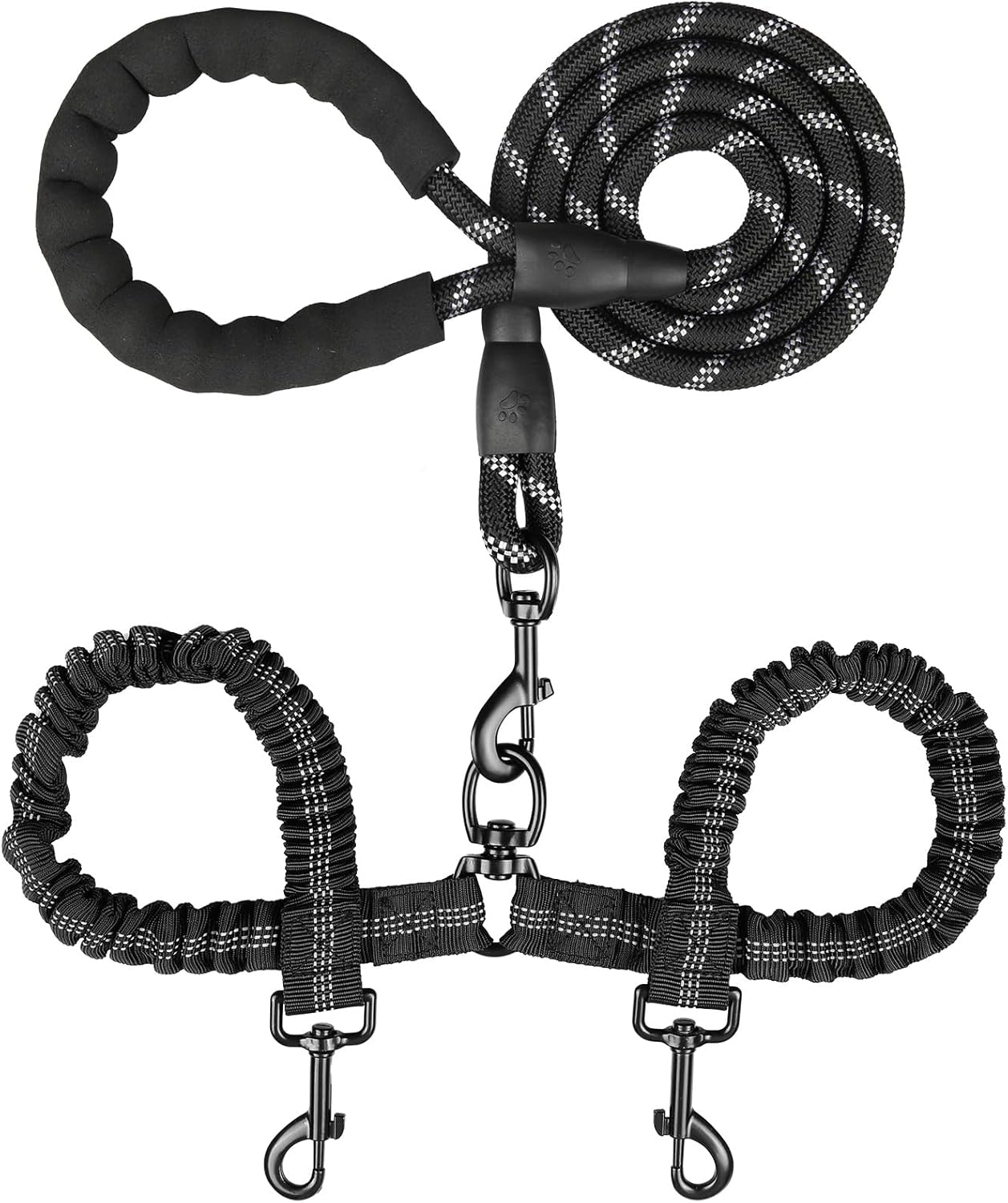 MingXpets double dog leash front view showing black heavy duty dual straps