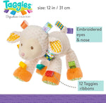 Mary Meyer Sherbet Lamb showing interactive satin ribbon tags