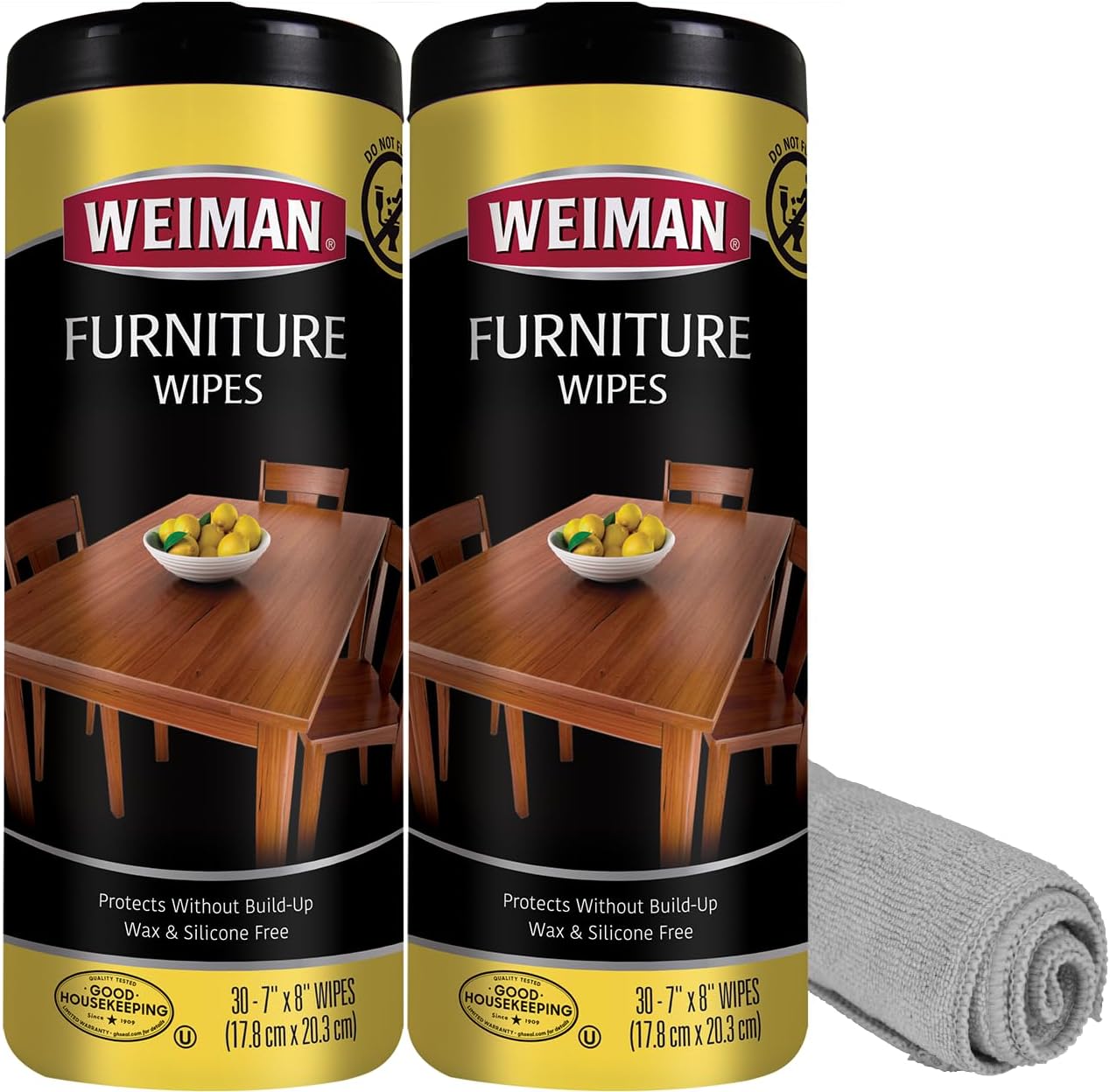 Weiman Wood Polish and Cleaning Wipes front view of two canister pack.