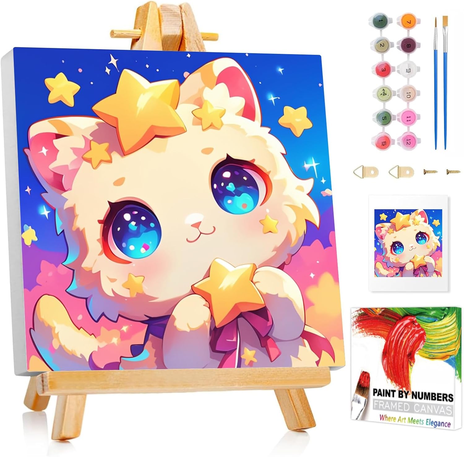XTCIXAL Paint by Numbers Kit for Kids front view showing the framed canvas with cute kawaii cat design and paint pots.
