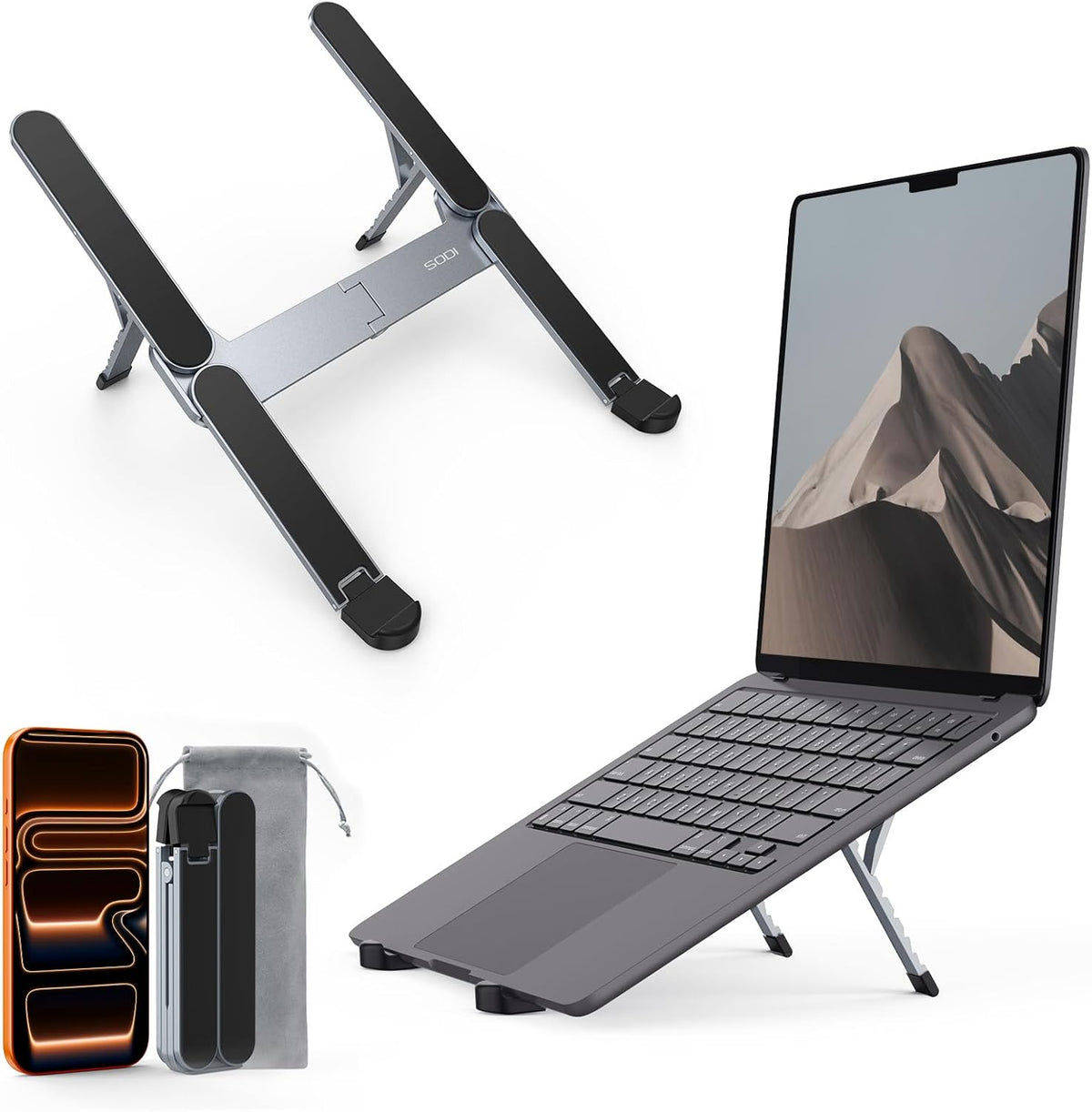 SODI ultra compact foldable laptop stand front view showing aluminum frame