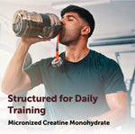 Micro Ingredients pure creatine powder mixing smoothly into water in a shaker bottle.