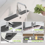 Stone faucet mat holding soap dispenser on bathroom counter