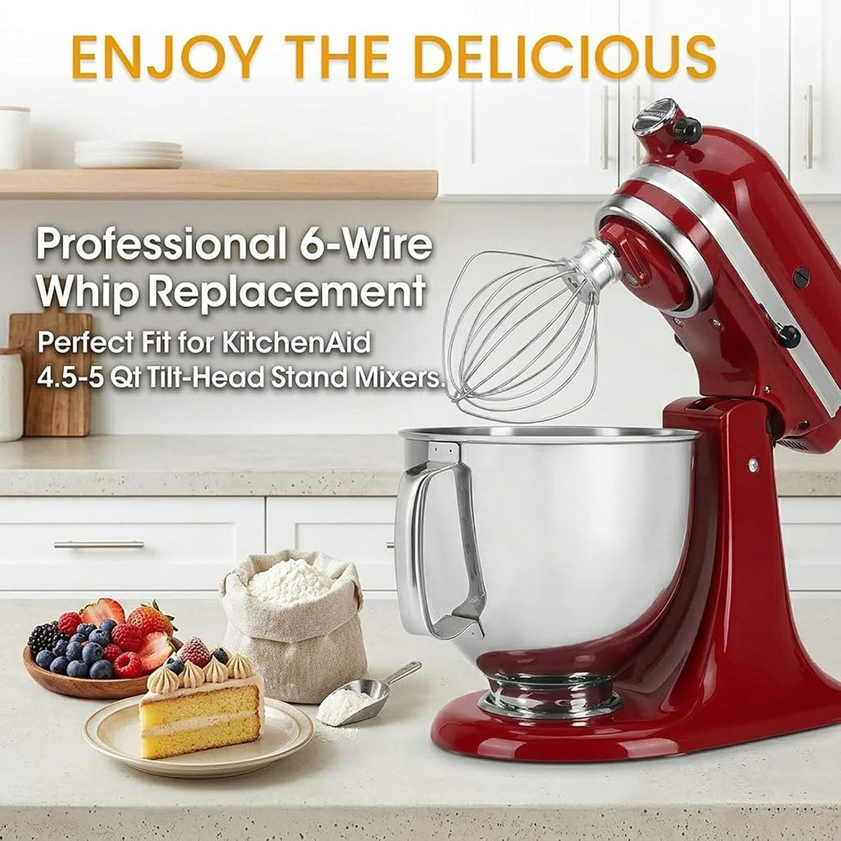 K45WW Wire Whip for KitchenAid Tilt-Head Mixer,6-Wire Whisk Attachment Replacement for 4.5QT/5QT Models K45SS KSM110 KSM75 KSM90 KSM100, Aluminum Head with Stainless Steel Wires, Hand Wash Only - Image 2