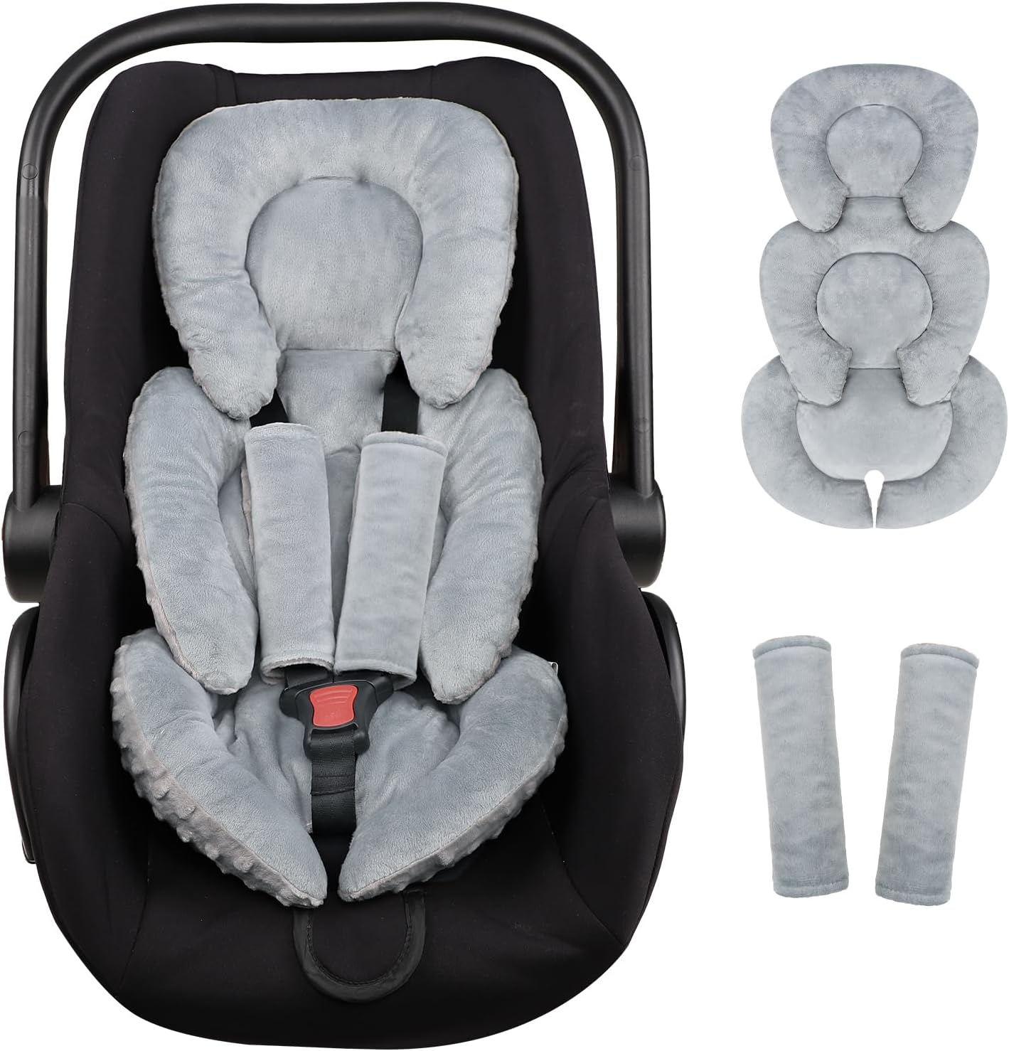 GFU infant car seat insert in grey front view showcasing newborn head and body support padding.
