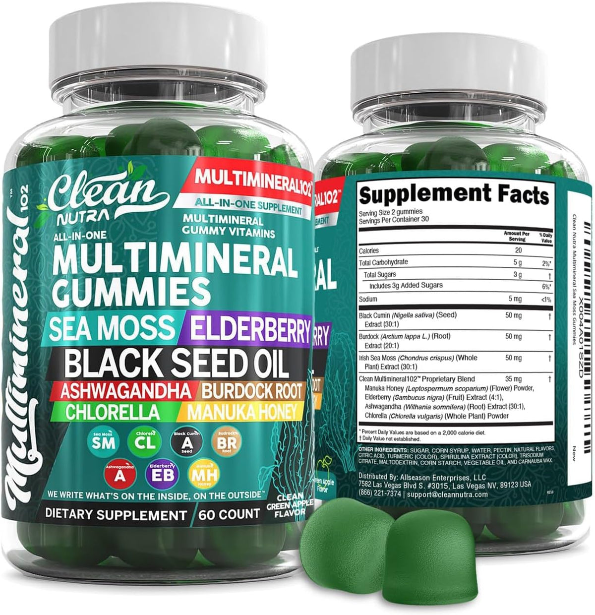 Clean Nutraceuticals Sea Moss Gummies front view bottle for daily immune support.