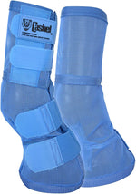 Equestrian horse wearing the protective grey fly boots inside a stable stall