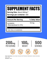 BulkSupplements Lycopene Powder nutrition facts and ingredient label close up