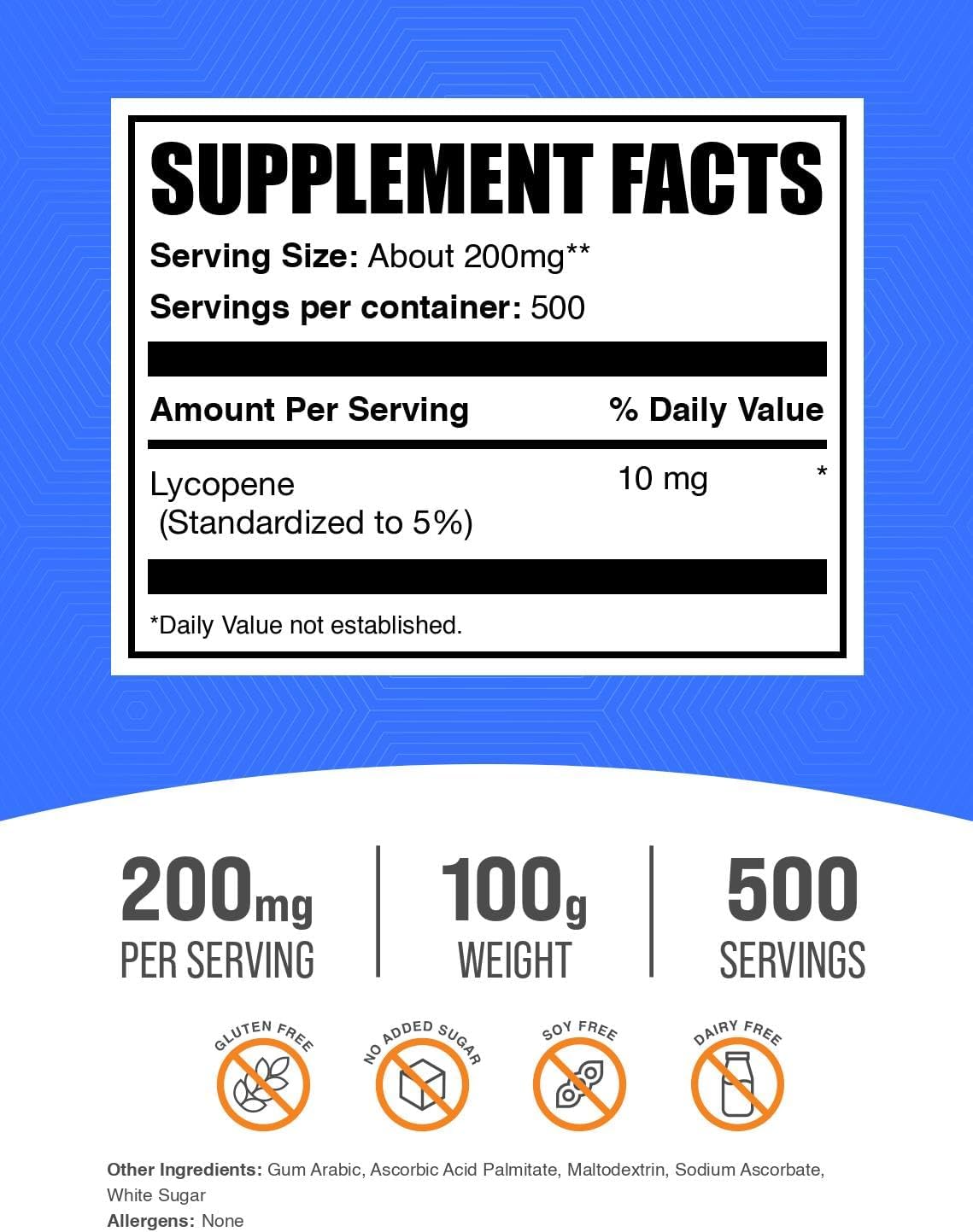 BulkSupplements Lycopene Powder nutrition facts and ingredient label close up