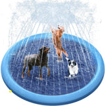 Raxurt Anti Slip Splash Pad front view showing the blue circular water play mat with active fountain sprinklers.