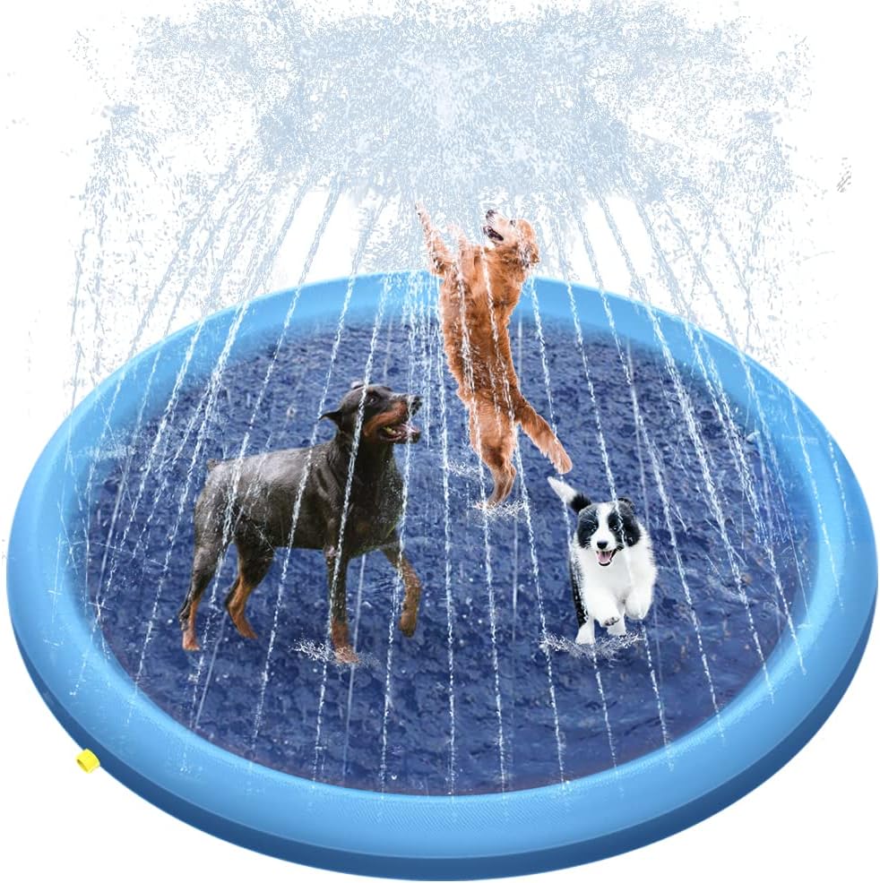 Raxurt Anti Slip Splash Pad front view showing the blue circular water play mat with active fountain sprinklers.