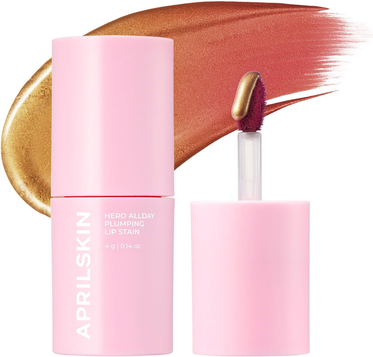 APRILSKIN Hero All Day Plumping Lip Stain front view of pink tube with golden applicator