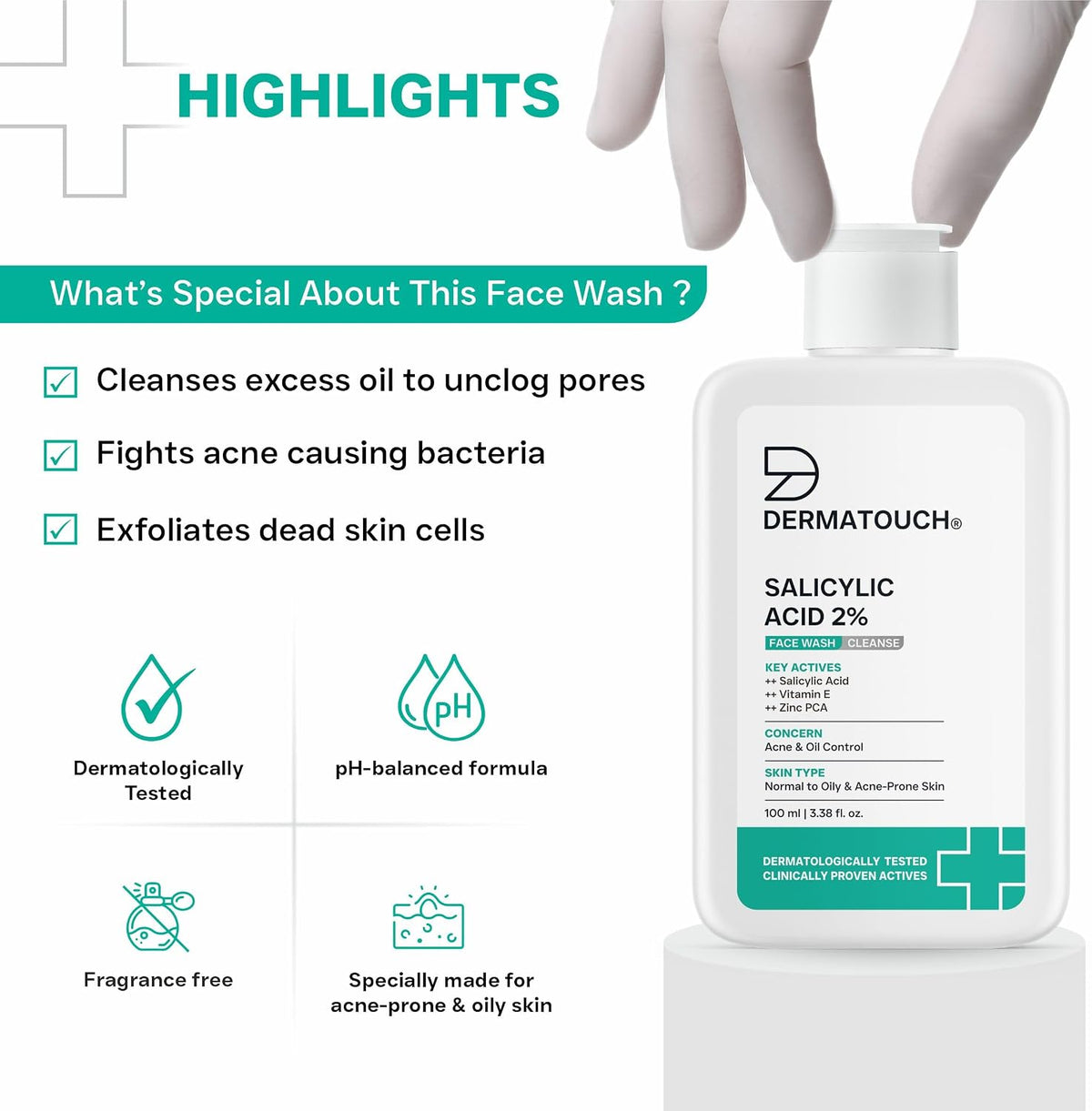 Dermatouch Salicylic Acid 2% Face Wash key ingredients callout graphic