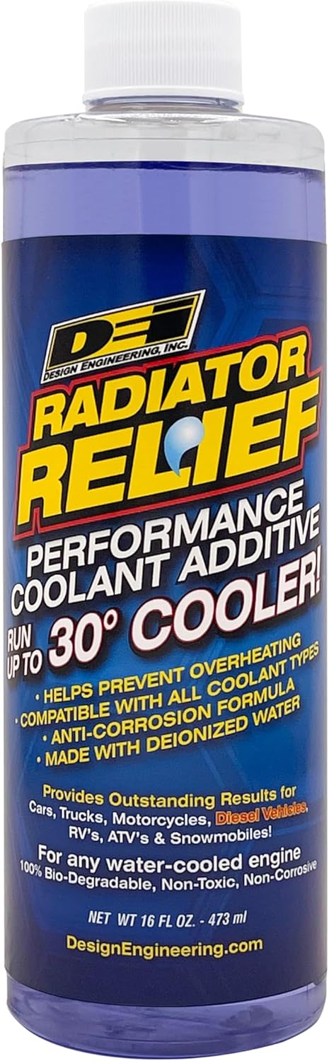 Design Engineering Radiator Relief Coolant Additive front view bottle for engine temperature reduction