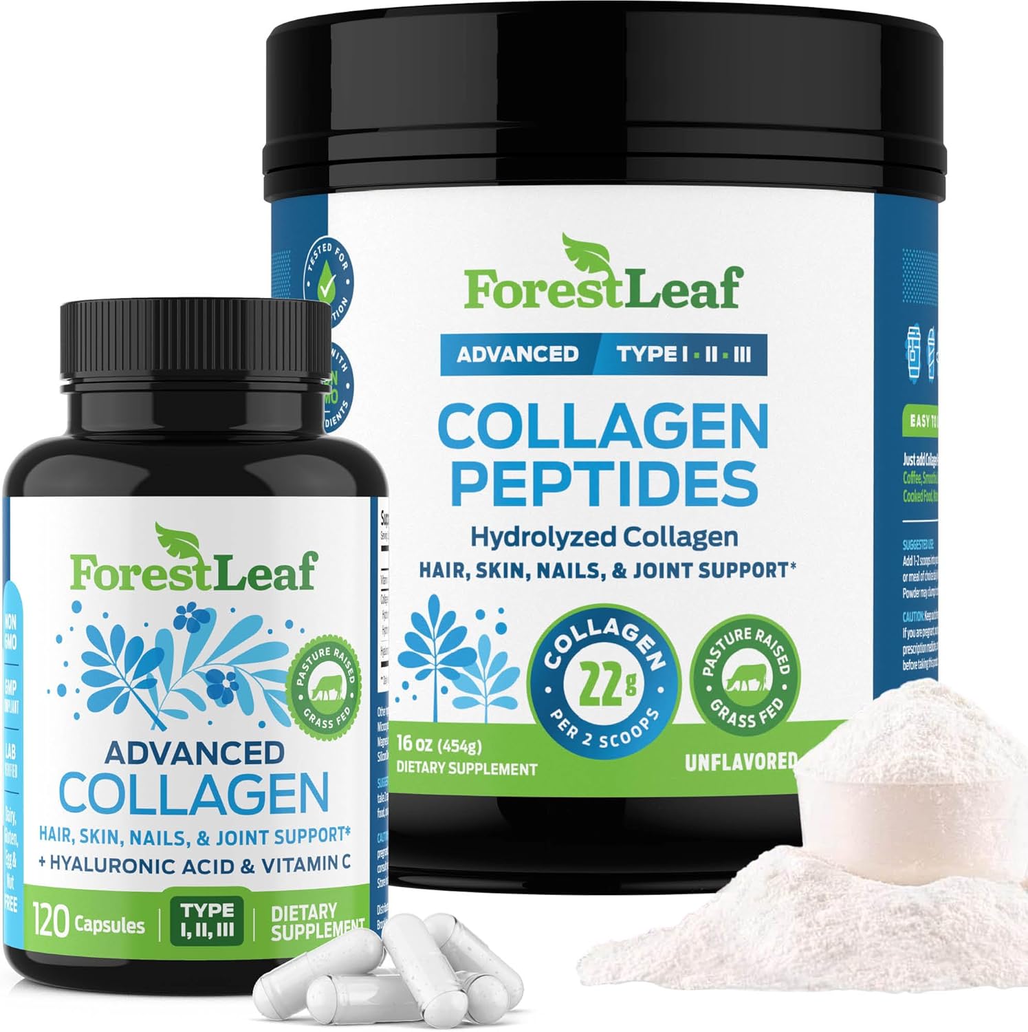 ForestLeaf Collagen Supplements Bundle - 2-in-1 Hydrolyzed Collagen Peptides Powder and Collagen Pills - Grass Fed Bovine Collagen for Women and Collagen for Men - Image 1